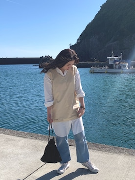 「OZOC（オゾック）のアイテム（デニムパンツ）」を使った、みっこさん（レディース・163cm）の春コーディネート