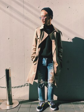 「FACETASM（ファセッタズム）のアイテム（トレンチコート）」を使った、ぶんたさん（メンズ・178cm）の秋コーディネート