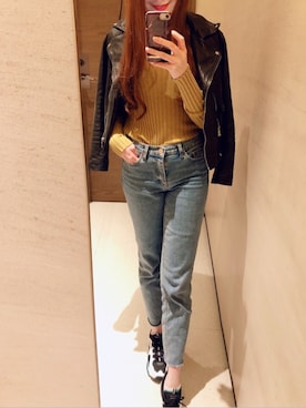 「ZARA（ザラ）のアイテム（ライダースジャケット、ブラック系）」を使った、Katherineさん（レディース・165cm）の冬コーディネート