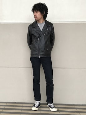 「チャックテイラー」｜「アイテム（ライダースジャケット）」を使った、DENIME THE STORE ららぽーと新三郷店さん（メンズ・171cm）の秋コーディネート
