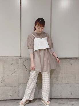 「one after another NICE CLAUP（ワンアフターアナザーナイスクラップ）のビスチェセットシアーチュニック（シャツ/ブラウス、ブラウン系）」を使った、小川こゆきさん（レディース・152cm）の夏コーディネート