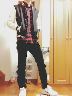 「no brand（ノーブランド）のアイテム（スタジャン）」を使った、Takuさん（メンズ・165cm）の冬コーディネート