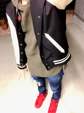 「no brand（ノーブランド）のアイテム（スタジャン）」を使った、Takuさん（メンズ・165cm）の冬コーディネート
