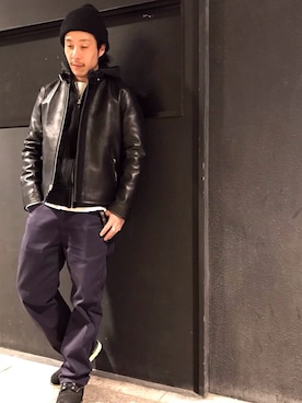 「ネイビー×ホワイト」｜「アイテム（ライダースジャケット）」を使った、kenshinさん（メンズ・162cm）の冬コーディネート