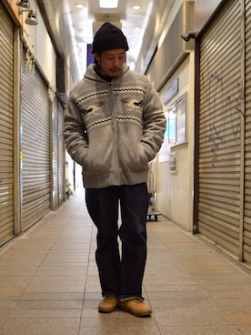 「カウチンセーター」｜「アイテム（ニットキャップ/ビーニー）」を使った、kenshinさん（メンズ・162cm）の冬コーディネート