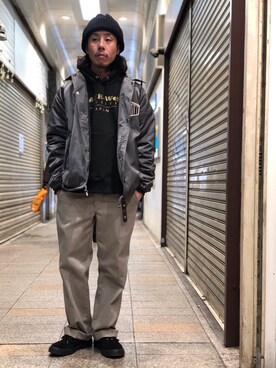 「ニットキャップ」｜「アイテム（ナイロンジャケット）」を使った、kenshinさん（メンズ・162cm）の冬コーディネート
