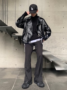 「韓国ストリート」｜「アイテム（ライダースジャケット）」を使った、こへさん（メンズ・174cm）の冬コーディネート