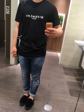 「Yohji Yamamoto（ヨウジヤマモト）のアイテム（スリッポン）」を使った、けろサブレさん（メンズ・162cm）の夏コーディネート
