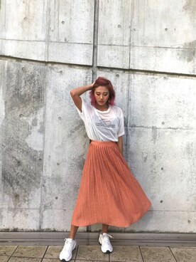 「アイテム（スカート、オレンジ系）」を使った、又来綾さん（レディース・163cm）の夏コーディネート
