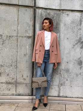 「アイテム（テーラードジャケット、ピンク系）」を使った、又来綾さん（レディース・163cm）の冬コーディネート