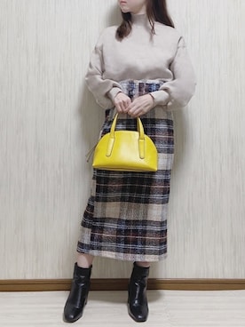 「menue（メヌエ）の木目調 丸ヒール スクエアトゥブーツ（ブーツ、ブラック系）」を使った、pote☁️さん（レディース・147cm）の春コーディネート