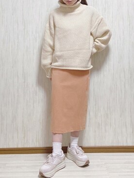 「GU（ジーユー）のアイテム（スカート、オレンジ系）」を使った、pote☁️さん（レディース・147cm）の春コーディネート