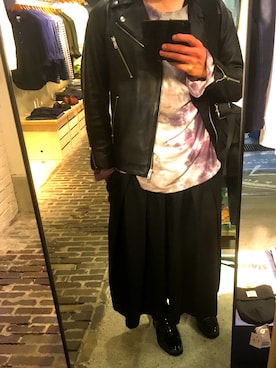 「ガウチョパンツ」｜「アイテム（ライダースジャケット）」を使った、HIRAKAWA さん（メンズ・178cm）の秋コーディネート