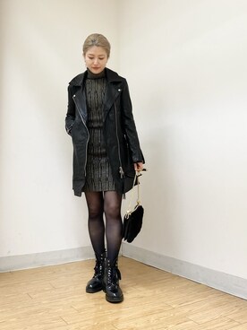 「パーティースタイル」｜「アイテム（ライダースジャケット）」を使った、Emiさん（レディース・156cm）の冬コーディネート