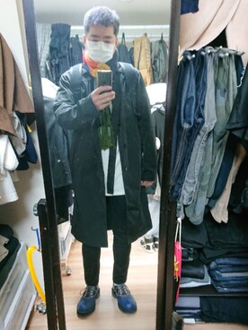 「RAF SIMONS（ラフシモンズ）のアイテム（ステンカラーコート）」を使った、高さん（メンズ・176cm）の冬コーディネート