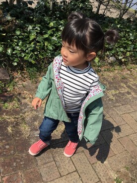 「BRANSHES（ブランシェス）のテレコボーダー長袖Tシャツ（Tシャツ/カットソー）」を使った、Rico's♡さん（キッズ・90cm）の春コーディネート