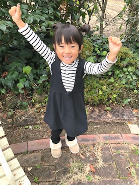 「BRANSHES（ブランシェス）のテレコボーダー長袖Tシャツ（Tシャツ/カットソー）」を使った、Rico's♡さん（キッズ・100cm）の冬コーディネート