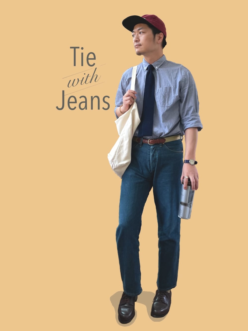 ブルー系のネクタイ、ブルー系のシャツ/ブラウス、ブルー系のデニムパンツを着用したメンズの春コーディネートの1枚目の写真