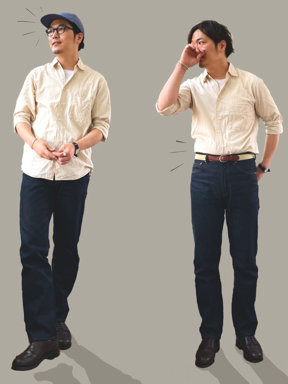 「これが私をアゲる服、シンプルコーデ、ユニクロ、大人カジュアル、タックイン、革靴、キャップ、ストライプシャツ、デニム」｜「UNIQLOのアイテム（シャツ/ブラウス、ベージュ系）」を使った、りつ@ファンプさん（メンズ・180cm）の春コーディネートの1枚目の写真