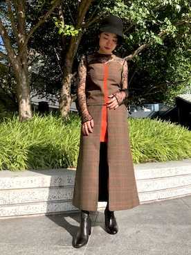 「アイテム（スカート、オレンジ系）」を使った、MIDWEST FUJIIさん（レディース・160cm）の秋コーディネート