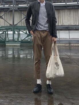 「MAISON KITSUNE」｜「アイテム（ライダースジャケット）」を使った、akiraimoto_さん（メンズ・184cm）の春コーディネート