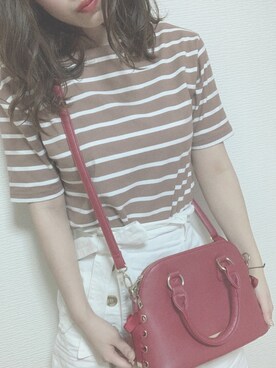 「GU（ジーユー）のアイテム（Tシャツ/カットソー、ブラウン系）」を使った、さっちゃんさん（レディース）の夏コーディネート