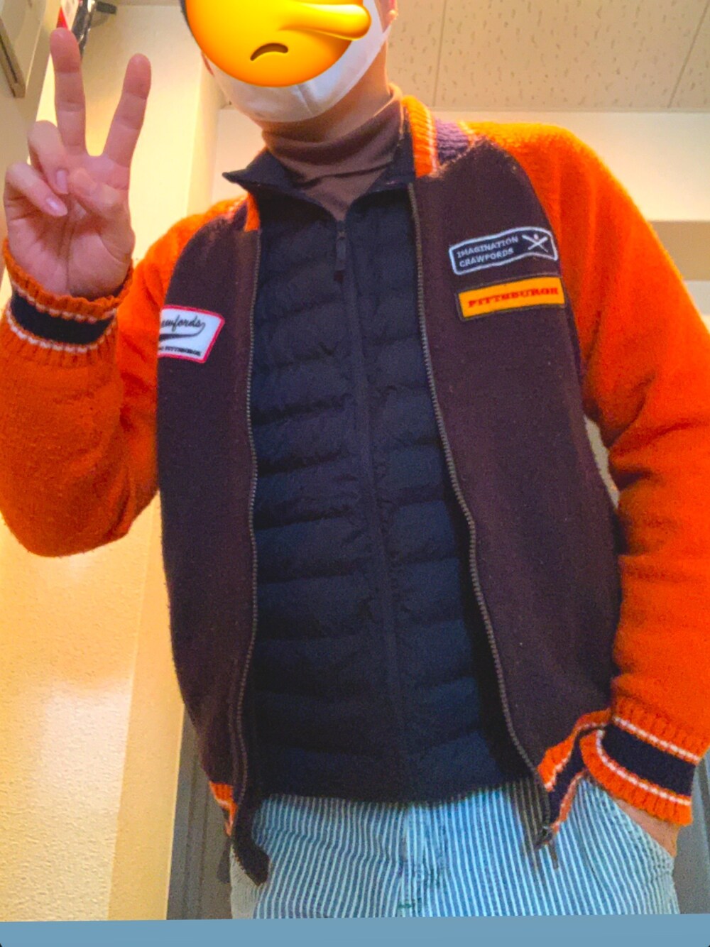 「ゆるコーデ、おしゃれさんと繋がりたい、リラックススタイル、オトナカジュアル」｜「叔父さんからのプレゼントのアイテム（ジャケット/アウター、オレンジ系）」を使った、TomoKiMaさん（メンズ・166cm）の冬コーディネートの1枚目の写真