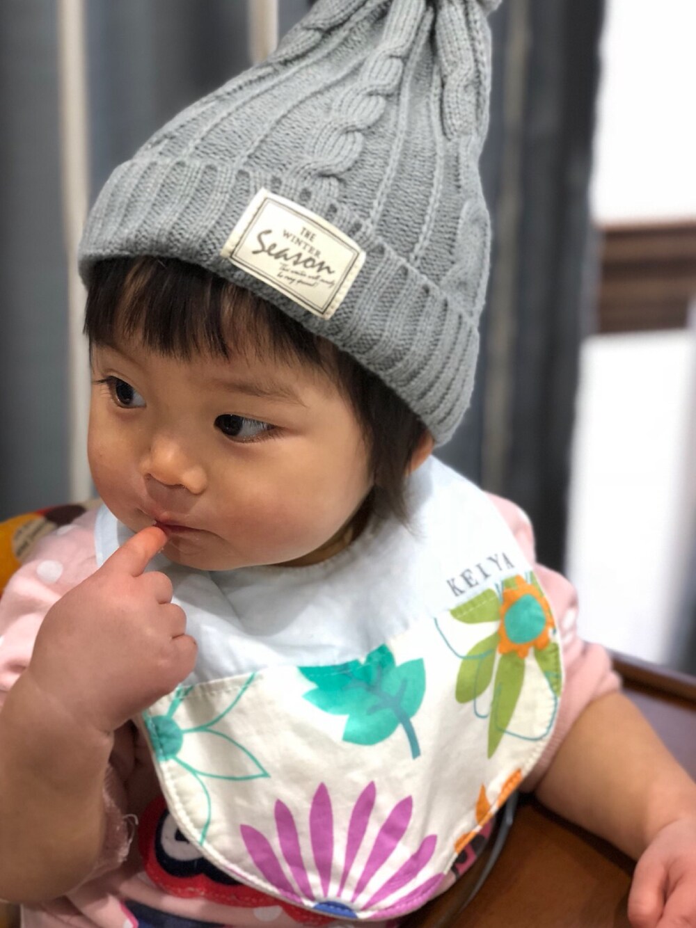 「キッズコーデ、男の子コーデ、春コーデ、スタイ、ビブ、よだれかけ、Momo、ベビーコーデ、赤ちゃん、ボタニカル柄」｜「Momoのデニムのボタニカルスタイ（ビブ）（スタイ/よだれかけ、その他）」を使った、Momoさん（キッズ・70cm）の春コーディネートの1枚目の写真
