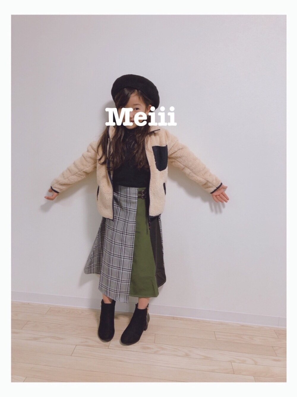 「キッズファッション、おしゃれさんと繋がりたい、むすめ服、プチプラコーデ、女の子、ベレー帽」｜「BRANSHESのテレコハイネックTシャツ（Tシャツ/カットソー、ホワイト系）」を使った、*☻meiii☻*さん（キッズ・120cm）の冬コーディネートの1枚目の写真