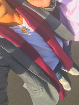 「no brand（ノーブランド）のアイテム（マフラー、レッド系）」を使った、❶さん（メンズ・175cm）の冬コーディネート