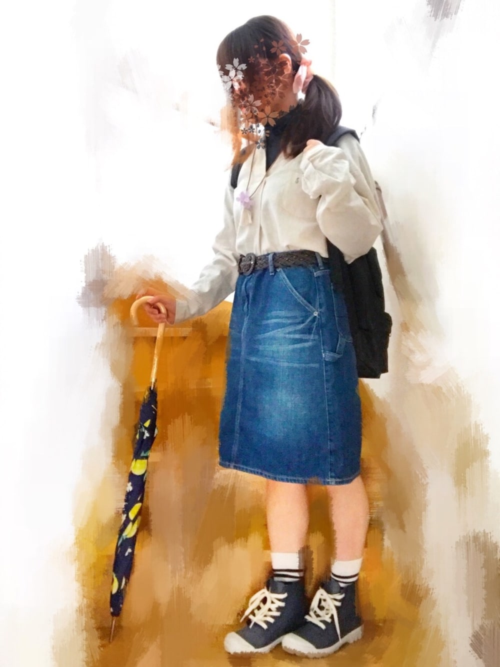 「雨の日コーデ、黒リュック、レインシューズ」｜「Samansa Mos2のセーラー衿ブラウス（シャツ/ブラウス、ホワイト系）」を使った、朝(インスタ変えたよ)さん（レディース・151cm）の夏コーディネートの1枚目の写真