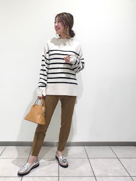 「BARNYARDSTORM（バンヤードストーム）のBARNYARDSTORM / ボーダーユルニット（ニット/セーター、ホワイト系）」を使った、mymymy1103さん（レディース・159cm）の秋コーディネート