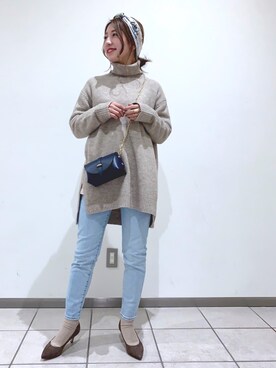 「BARNYARDSTORM（バンヤードストーム）のBARNYARDSTORM / 5Ｇブークレタートルチュニック（ニット/セーター、ブラウン系）」を使った、mymymy1103さん（レディース・159cm）の冬コーディネート