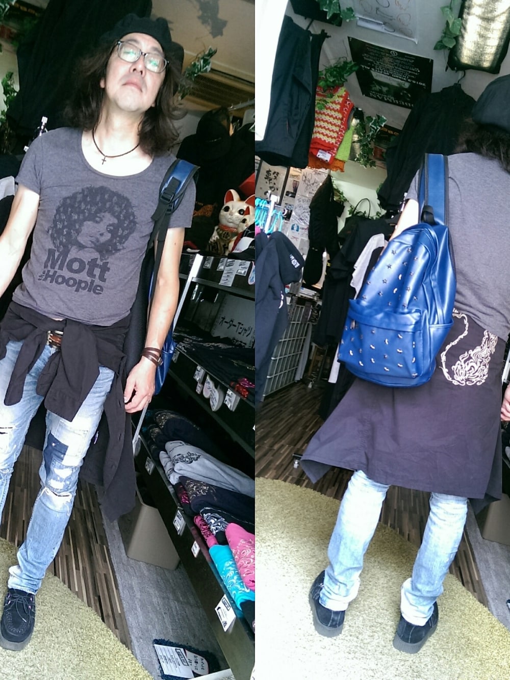 「black、ブラック、名古屋、猫、street、ネコ、猫柄、ネコ柄、大須、ネコちゃん」｜「BLACK CATシャツ（シャツ/ブラウス、ブラック系）」を使った、愛知　BLACKCATヒロさん（メンズ・170cm）の秋コーディネートの1枚目の写真