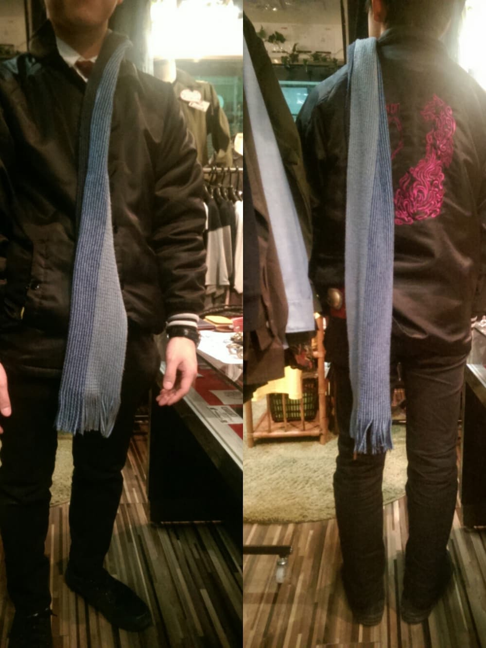 「ジャケット、black、ブラック、刺繍、名古屋、street、パープル、ネコ、pink、大須」｜「BLACK CATオリジナル選べるジャケット（その他アウター、ブラック系）」を使った、愛知　BLACKCATヒロさん（メンズ・168cm）の冬コーディネートの1枚目の写真