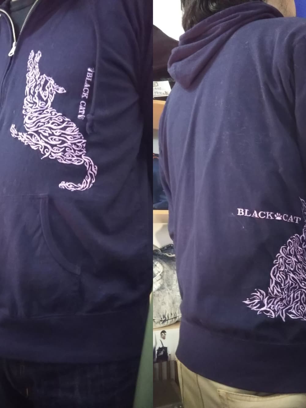 「black、ブラック、パーカー、Tシャツ、刺繍、名古屋、猫、ラベンダー、ネコ柄、大須」｜「BLACKCATオリジナルTシャツパーカー（パーカー、ブラック系）」を使った、愛知　BLACKCATヒロさん（メンズ・168cm）の春コーディネートの1枚目の写真