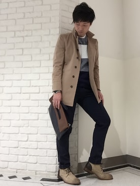 「アイテム（クラッチバッグ、ブルー系）」を使った、YUUKI.Fさん（メンズ・176cm）の冬コーディネート