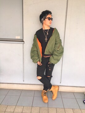 「oversize」｜「アイテム（ミリタリージャケット）」を使った、Naoyanさん（メンズ・175cm）の冬コーディネート