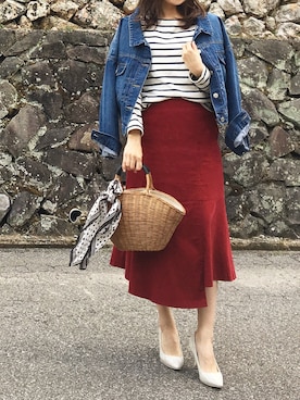 「アイテム（かごバッグ）」を使った、moyooonnさん（レディース・152cm）の春コーディネート