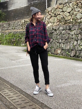 「PLAIN CLOTHING（プレーンクロージング）のアイテム（ニットキャップ/ビーニー）」を使った、moyooonnさん（レディース・152cm）の秋コーディネート