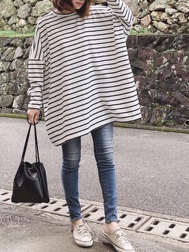 「AZUL by moussy（アズールバイマウジー）のA PERFECT DENIM COOL/A パーフェクトデニムクール（デニムパンツ）」を使った、moyooonnさん（レディース・152cm）の春コーディネート