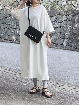 「Chaco closet（チャコ クローゼット）のバルーンスリーブ7分袖ポケット付きミニ裏毛Aラインスウェットワンピース（ワンピース）」を使った、moyooonnさん（レディース・152cm）の春コーディネート