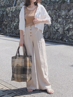 「ハイウエストパンツ」｜「アイテム（ビーチサンダル）」を使った、moyooonnさん（レディース・153cm）の夏コーディネート
