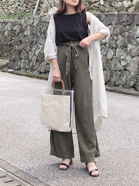「reca（レカ）のウエストリボン リネンワイドパンツ（その他パンツ）」を使った、moyooonnさん（レディース・152cm）の夏コーディネート