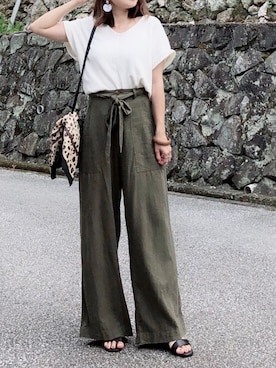 「reca（レカ）のウエストリボン リネンワイドパンツ（その他パンツ）」を使った、moyooonnさん（レディース・152cm）の夏コーディネート