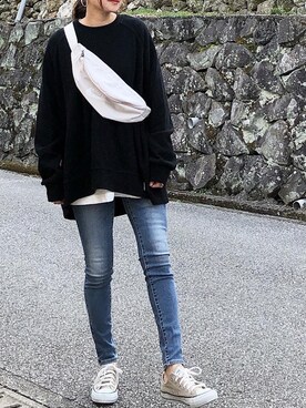 「AZUL by moussy（アズールバイマウジー）のA PERFECT DENIM COOL/A パーフェクトデニムクール（デニムパンツ）」を使った、moyooonnさん（レディース・152cm）の冬コーディネート