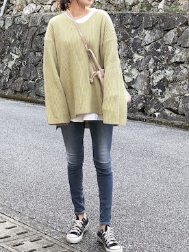 「AZUL by moussy（アズールバイマウジー）のA PERFECT DENIM COOL/A パーフェクトデニムクール（デニムパンツ）」を使った、moyooonnさん（レディース・152cm）の冬コーディネート