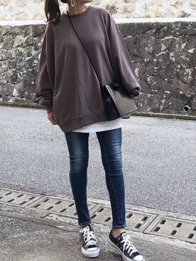 「AZUL by moussy（アズールバイマウジー）のA PERFECT DENIM COOL/A パーフェクトデニムクール（デニムパンツ）」を使った、moyooonnさん（レディース・152cm）の秋コーディネート