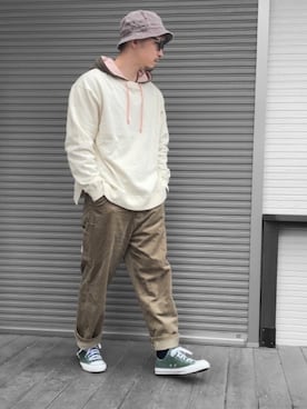 「アイテム（パーカー、グリーン系）」を使った、kaz✌︎spさん（メンズ・176cm）の春コーディネート