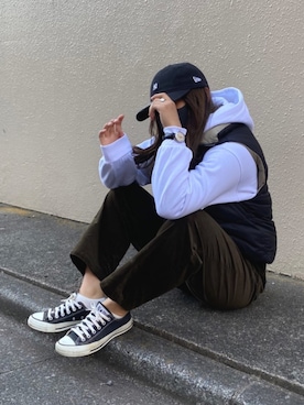 「H&M（エイチ・アンド・エム）のアイテム（パーカー、ホワイト系）」を使った、レイさん（レディース・158cm）の冬コーディネート